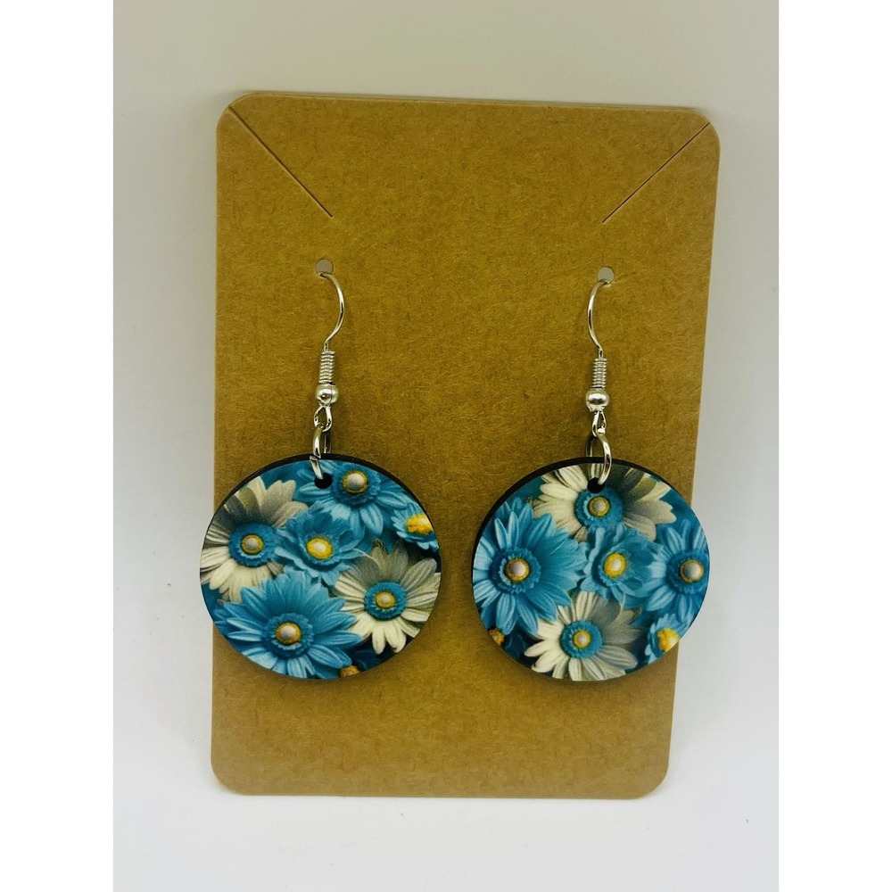 Teal And White Daisy Pierced Earrings Round Dangle 2"